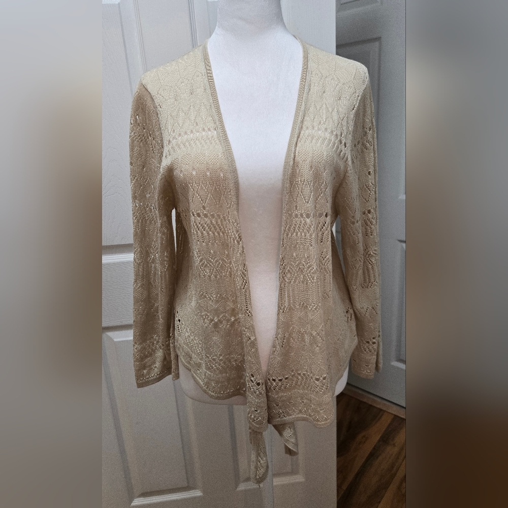 Light Beige Open-Front Knit Cardigan Sweater, XL